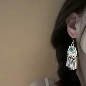 Vintage ethnic long turquoise tassel drop earrings, geometric silver ear hook jewelry for women.