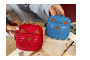 Cute cat leather coin purse mini zipper wallet with keychain for women daily use compact