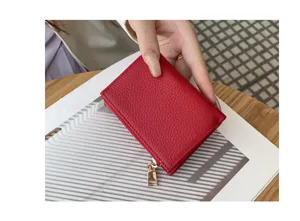 Red leather mini wallet detail, compact three-fold coin purse with gold zipper hardware.