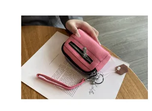 Women mini leather coin purse double zipper wristlet wallet small clutch bag pink