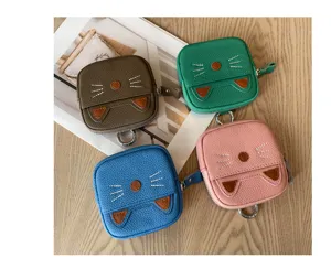 Cute cat leather coin purse mini wallet zipper change pouch with keychain and cute animal design.