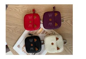 Cute cat leather coin purse with zipper and keychain, mini wallet in four colors.