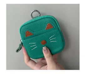 Green genuine leather mini cat coin purse with zipper, cute animal keychain pouch for women.