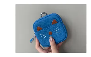 Cute blue leather coin purse with cat ears design, mini zipper wallet with key ring for women.
