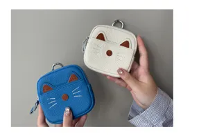 Cute cat leather coin purse mini zipper wallet cute key chain pouch detail view blue and white