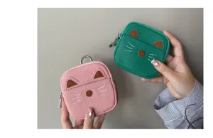 Cute genuine leather cat coin purse with zipper and keychain, mini wallet for women.