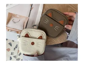 Cute cat leather coin purse zipper mini card key storage bag aesthetic fashion daily handbag
