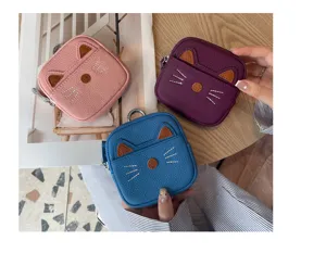 Cute cat leather coin purse zipper mini wallet key ring storage bag female coin pouch