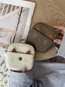 Cute cat leather coin purse mini zipper wallet with keychain for women daily use design
