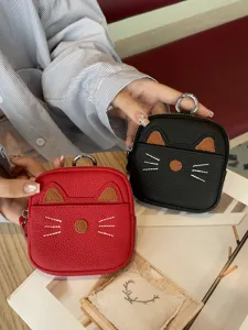 Cute cat genuine leather mini zipper coin purse keychain small lipstick storage bag