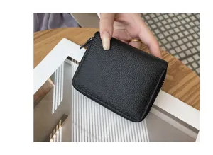 Schwarzes echtes Leder Kartenetui minimalistische Münzbörse Reißverschluss Brieftasche