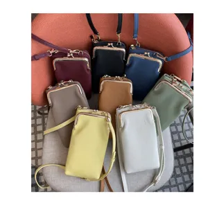 Genuine leather mini phone shoulder bag with metal frame kiss-lock closure for women.