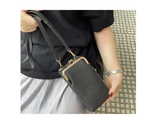 Genuine leather mini cell phone bag for women crossbody kiss-lock bag detail view