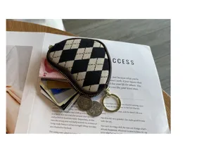 Canvas Mini Münztasche mit Rautenmuster, stilvolles kleines Portemonnaie mit Schlüsselring.