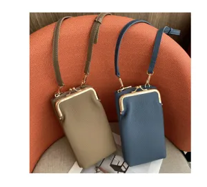Detailed view of the women genuine leather mini kiss-lock phone bag, stylish crossbody design.