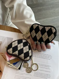 Damen Süßes Canvas Herz Münzbeutel Retro Rautenmuster Mini Geldbörse Mit Metall Reißverschluss Und Schlüsselring Tägliche Aufbewahrung Tasche