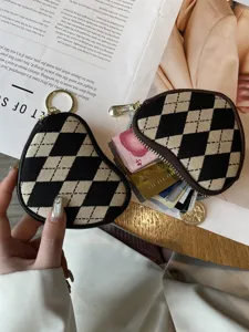 Süße herzförmige Canvas Mini Münztasche mit Rautenmuster kompakter Schlüsselhalter.