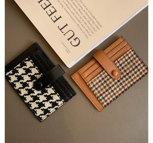 Women's mini card holder ultra-thin PU leather houndstooth credit card case slim wallet
