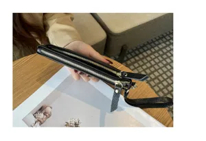 Black genuine leather double zipper clutch wallet for women, large capacity phone bag.