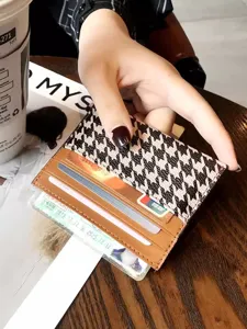 Minimalist PU Leather Card Holder For Women Ultra Thin Card Case Houndstooth Pattern Credit Card Organizer Slim Wallet