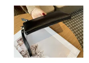 Women long genuine leather clutch wallet black zipper hand bag portable phone purse daily use