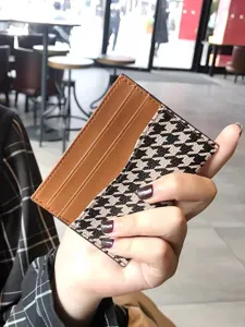 Minimalist houndstooth card holder for women, ultra-thin PU leather slim credit card wallet.