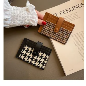 Minimalist houndstooth PU leather card holder, slim and chic daily credit card wallet case.