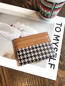 Minimalist houndstooth card holder for women, ultra-thin PU leather credit card wallet.