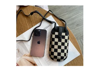 Kleine ruitjes canvas telefoon schoudertas met lederen riem voor dames dagelijks gebruik
