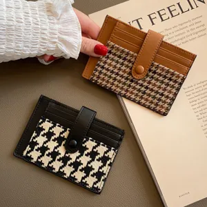 Minimalist PU leather card holder with houndstooth pattern snap button design main view