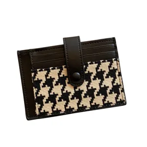 Mini slim card holder for women, chic houndstooth and black leather credit card case.