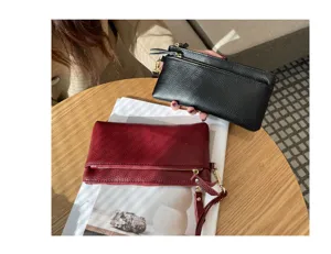 Genuine leather long clutch wallet for women, large capacity phone bag with zipper and strap.