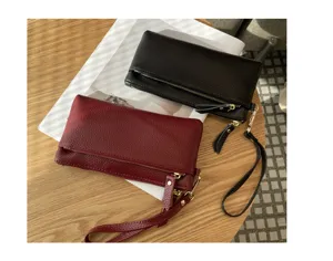 Genuine leather women clutch bag long wallet portable phone bag zipper wristlet purse