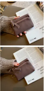 Genuine leather mini coin purse for women, cute multi-layer zipper wallet with key ring.