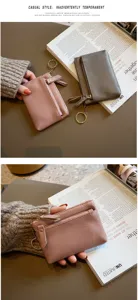 Genuine leather mini coin purse detail view, compact zipper wallet with key ring for women.