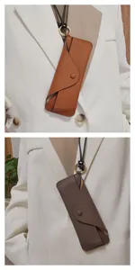 Genuine leather neck hanging glasses case, stylish portable sunglasses storage pouch with lanyard.