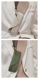 Genuine leather glasses case detail view, stylish neck strap design, portable storage pouch.