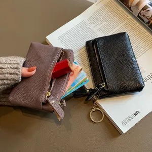 Genuine Leather Small Coin Purse For Women Mini Three Layer Cowhide Coin Pouch Minimalist Zipper Wallet