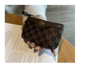 Women mini coin purse retro brown letter print short zipper wallet cute coin pouch compact size