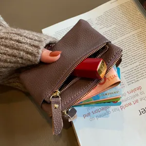 Genuine leather mini coin purse for women, three-layer zipper wallet with key chain holder. Cute.