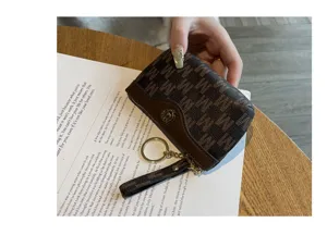Mini brown monogram coin purse with wrist strap and key ring, cute short wallet for women.