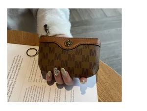 Women small coin purse stylish monogram zip wallet cute mini card holder with keychain.