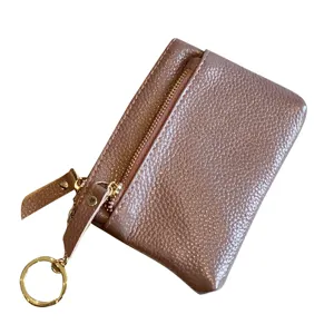Genuine leather mini coin purse women cute zipper wallet with keychain key ring compact pouch