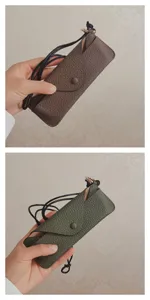 Genuine leather neck glasses case pouch with lanyard for sunglasses and myopia eyewear.
