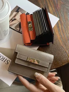 Women Genuine Leather Accordion Card Holder Vintage Solid Color Mini Wallet With Metal Lock Multi Slot Card Case