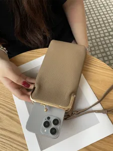 Genuine leather mini phone bag for women crossbody kiss lock small handbag brown cowhide