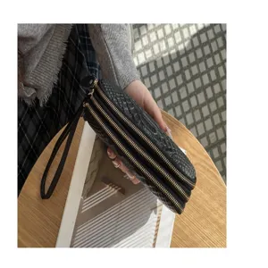 Echtleder Damen Clutch mehrschichtige Reißverschluss Brieftasche Krokodilmuster schwarz