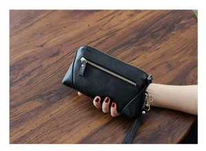 Genuine leather long wallet for women, black clutch bag with zipper pocket and wrist strap.