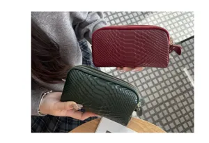 Damen Leder Clutch Brieftasche mehrlagiger Reissverschluss Kroko-Muster Handtasche rot gruen