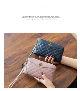 Genuine leather women clutch wallet with bee charm, quilted design long wristlet purse.